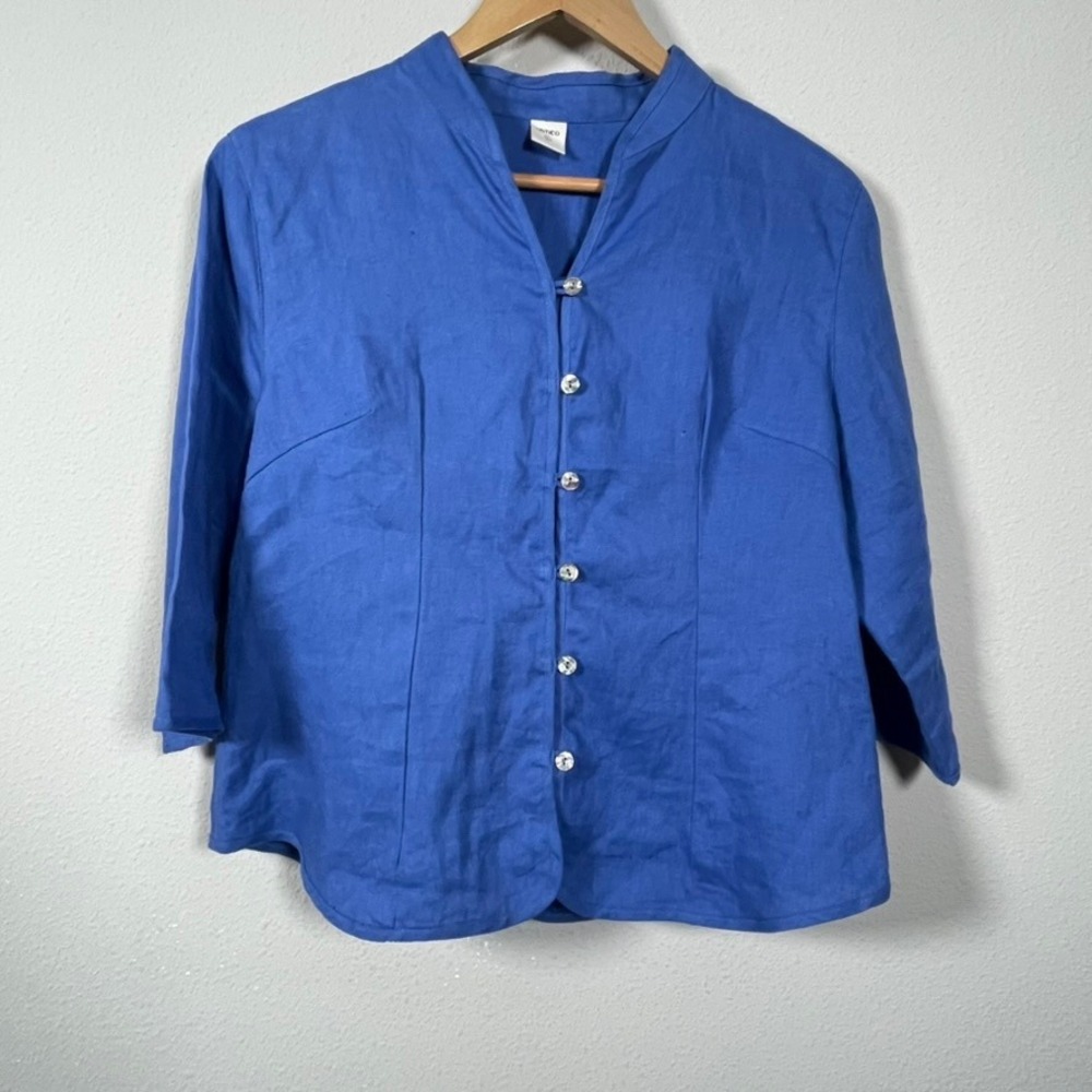 Lintico Button Up Coastal Boho Blouse Womens L Blue Linen 3/4 Sleeve Mandarin